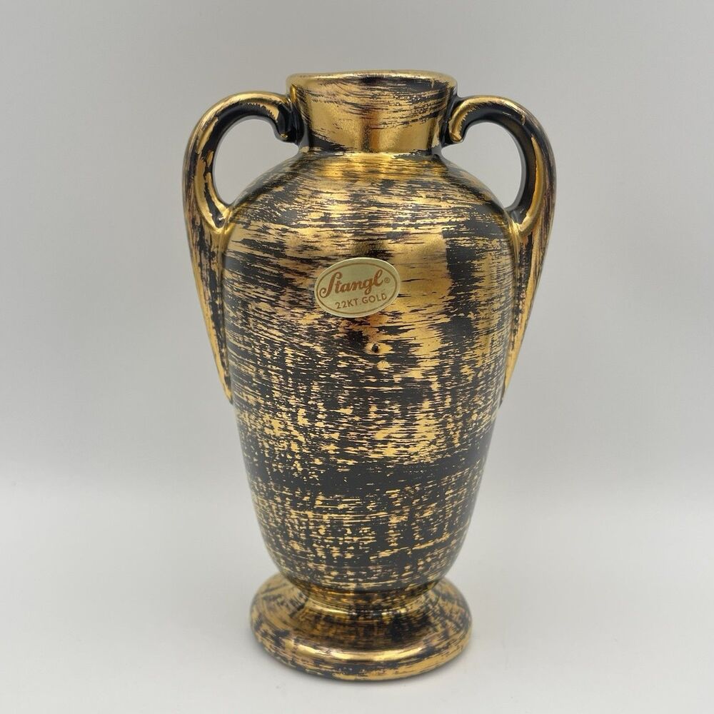Stangl Pottery Black Gold 22KT #3117 Two-Handle Urn Vase 5.5” Hand Painted MCM